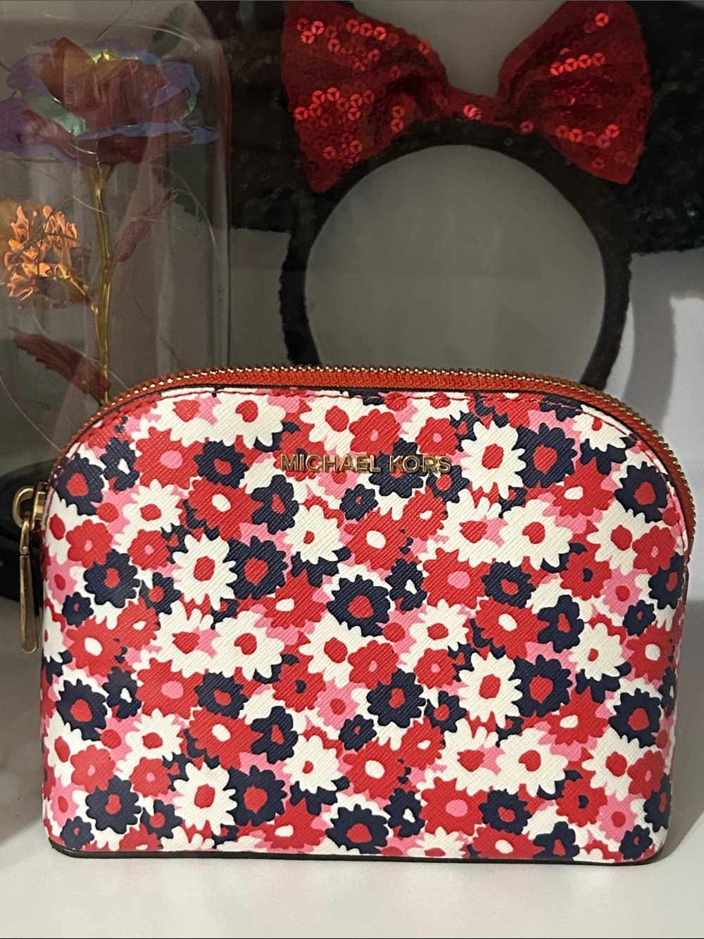 Michael Kors Red Navy White Floral Dome Cosmetic Case